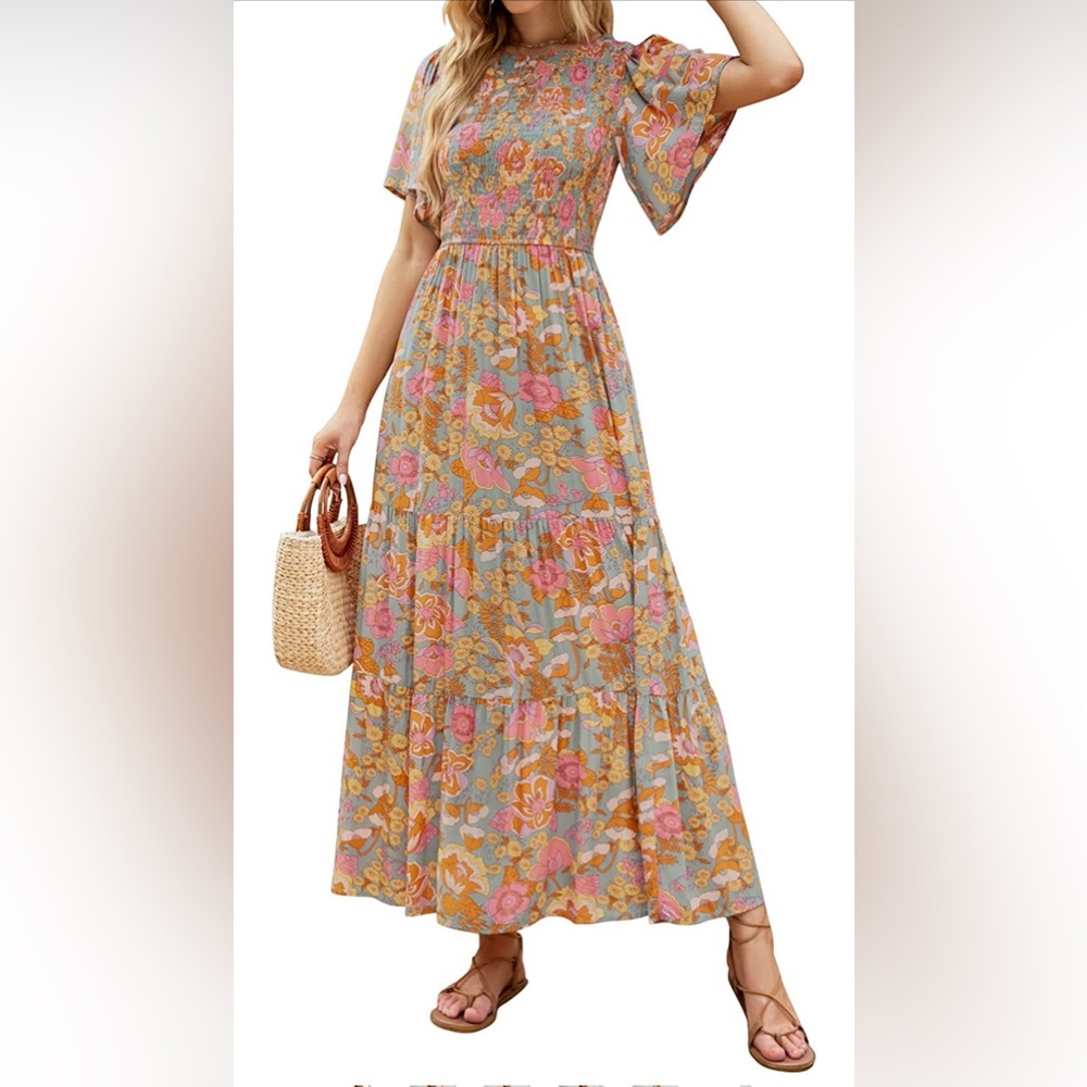 Floral Print Short Flutter Sleeve Crew Neck Smocked High Waist Flowy Maxi Dress